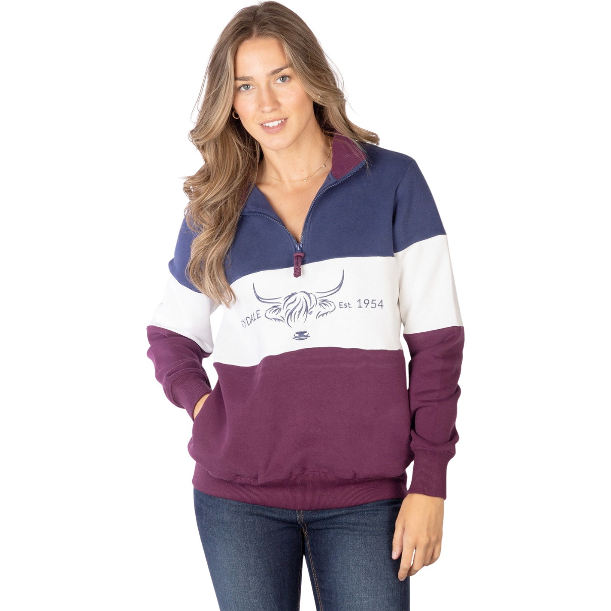 2025 Rydale Femmes Dames Byland Sweatshirt 407179 - Berry / White / Denim